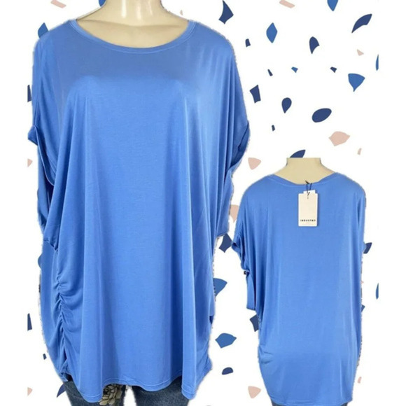Industry Republic Clothing 3X Blue Ruched Side Crew Neck Cuff Short Sleeve Top - Picture 1 of 6